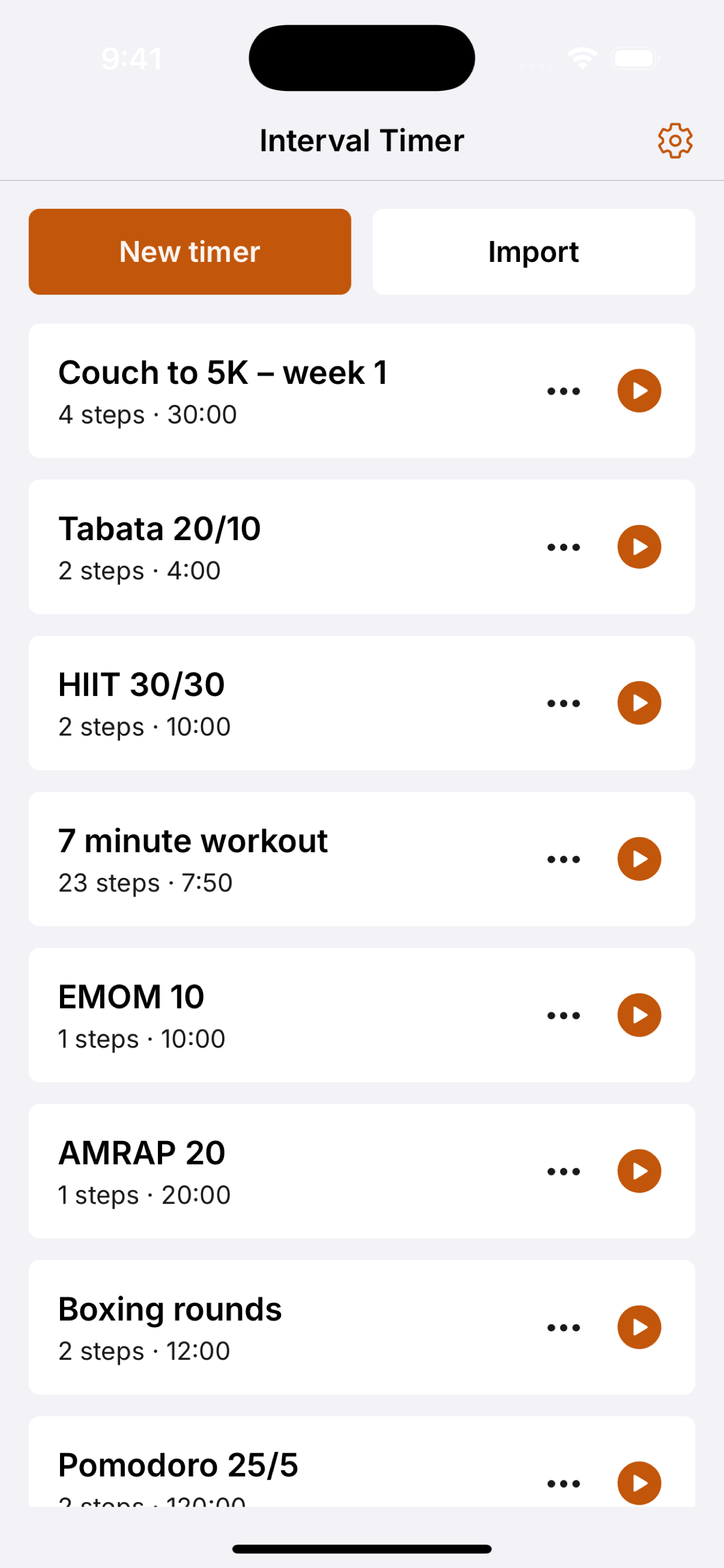 Interval Timer home screen