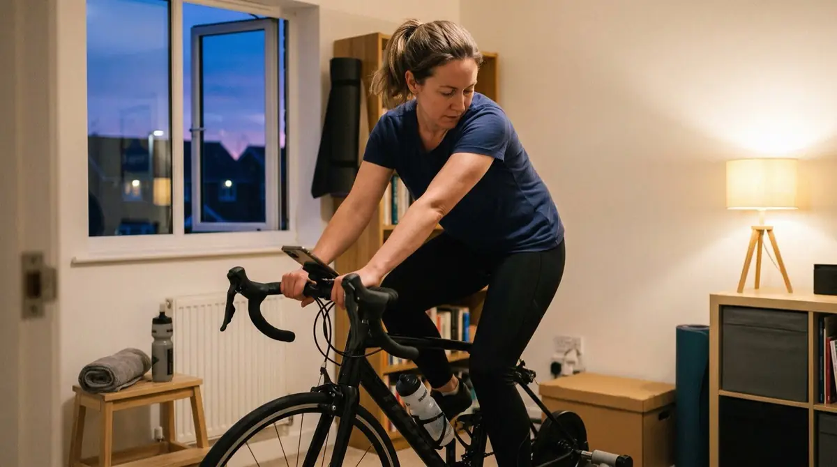 A woman rides an indoor bike in her front room in the evening